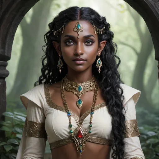 Prompt: female elf, lord of rings, indian, dark skin, black curly hair, traditional jewelry, vibrant, ethereal, beautiful, eleven, sindarin, elvish jewelry, curvy