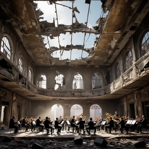 Prompt: A jazz big band performs in the ruin of a glamorous ballroom.  The ceiling is partially destroyed revealing the skyline of a post-apocalyptic city.