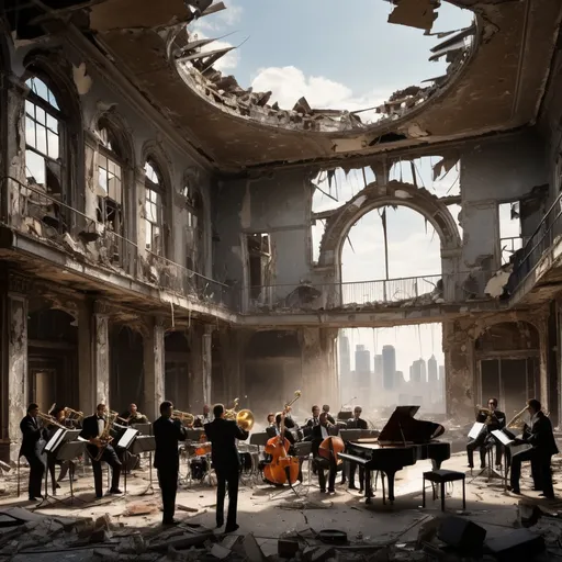 Prompt: A jazz big band performs in the ruin of a glamorous ballroom.  The ceiling is partially destroyed revealing the skyline of a post-apocalyptic city.