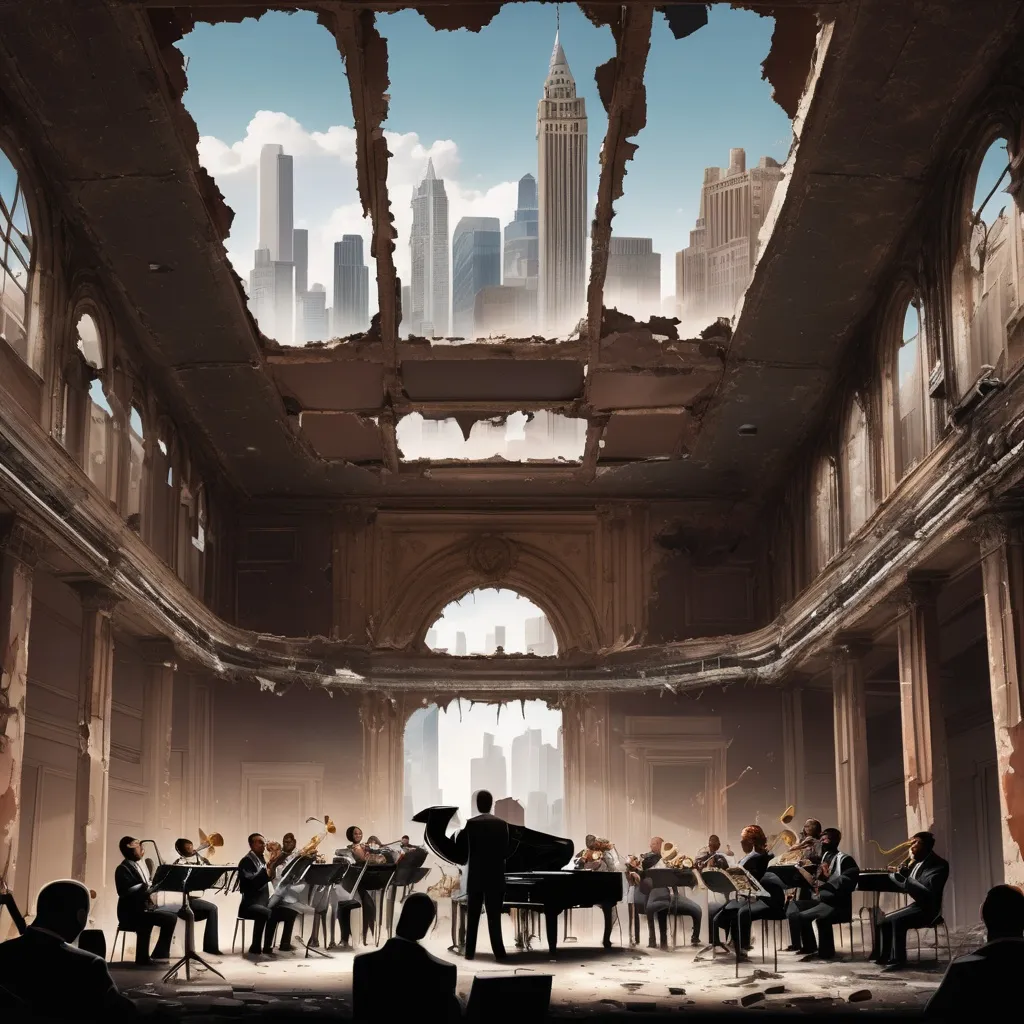 Prompt: A jazz big band performs in the ruin of a glamorous ballroom.  The ceiling is partially destroyed revealing the skyline of a post-apocalyptic city.