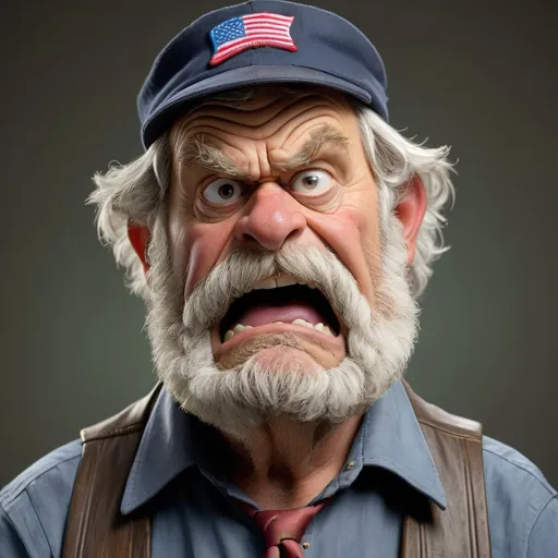 Prompt: A somewhat comedic portrait of a handsome grizzled 55 year old man who was once a brass musician, teacher, president of the United States, and sewer cleaner is retired and grumpy.