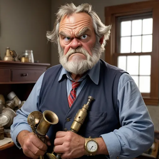 Prompt: A somewhat comedic portrait of a handsome grizzled 55 year old man who was once a brass musician, teacher, president of the United States, and sewer cleaner is retired and grumpy. He poses with artifacts from his earlier careers