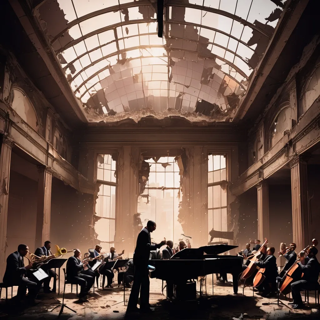 Prompt: A jazz big band performs in the ruin of a glamorous ballroom.  The ceiling is partially destroyed revealing the skyline of a post-apocalyptic city.