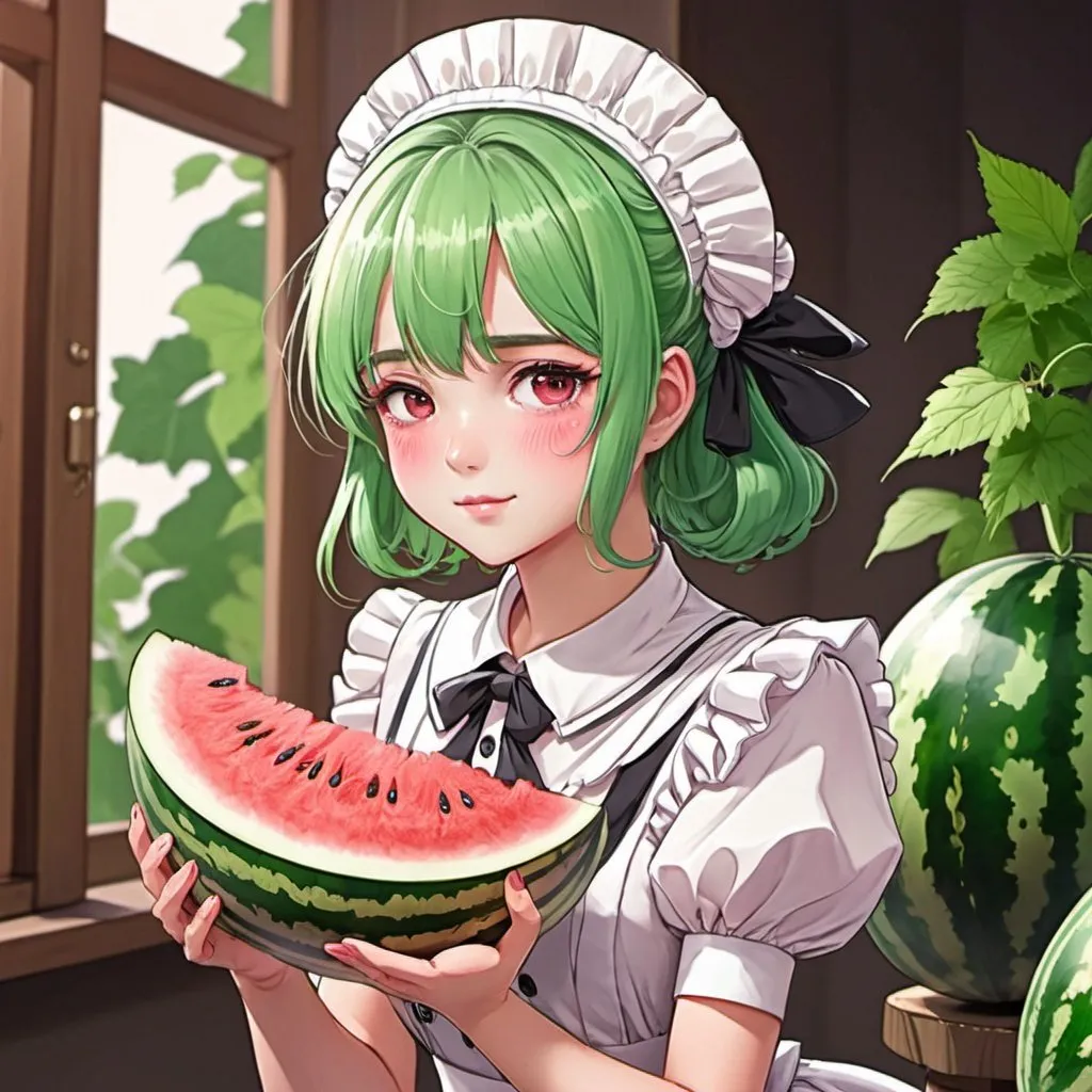 Prompt: watermelon humanization, watermelon as human, girl in maid uniform, anime style, shy face, beautiful and young, flirty atmosphere, ambient color, illustration, detailed