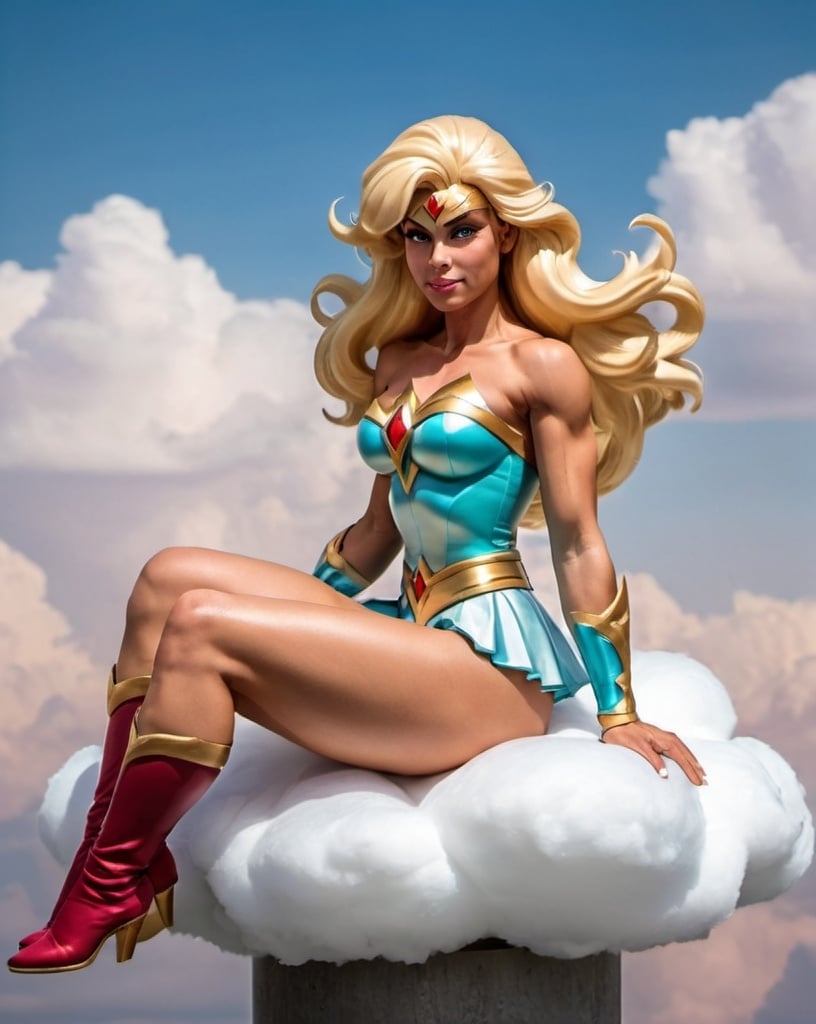 Prompt: Muscular blonde with loose hair She Ra Princess of Power strapless costume, sitting on a cloud. Fullbody imagen. Realistic style.