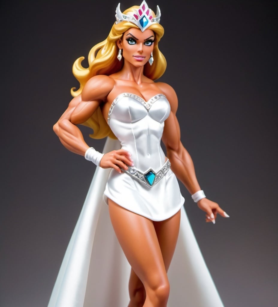 Prompt: The softskinned smoothly muscled Bride She-ra Princess of Power with bright and expressive eyes, a young dainty natural face, clear clean complexion, tiny waist, ultra muscular bodybuilder physique, wearing a white satin short strapless wedding dress. Princess tiara. Muscular abs. Platform heels.