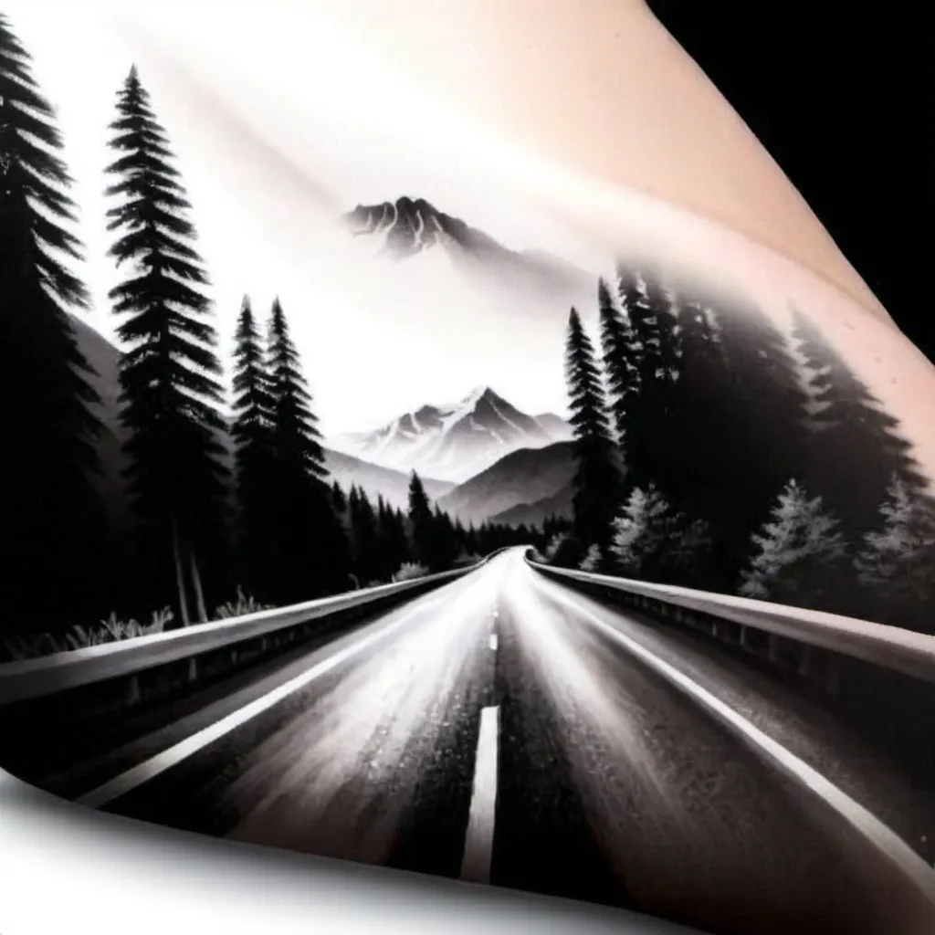 Prompt: (two-lane road), winding from wide to narrow, majestic mountains in the background, dramatic sky, done in black and white photo realism , soft sunlight illuminating the scene, inviting sense of adventure, picturesque landscape, details in shadows and highlights, stunning depth with silhouette of trees  , tranquil ambiance, ultra-detailed, 4K resolution, serene nature.