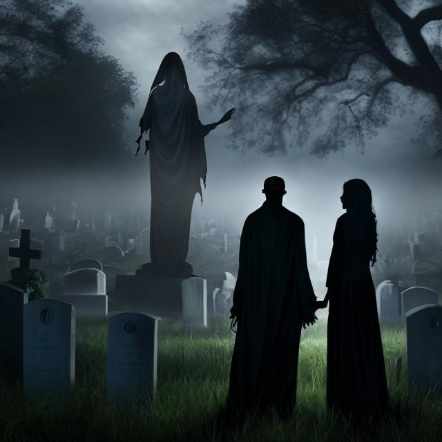 Prompt: two spirits, one male, one female floating in the air. In a spooky graveyard . Below them graves. "theme fear of losing you" Grim reaper looking on ominously in the distance



