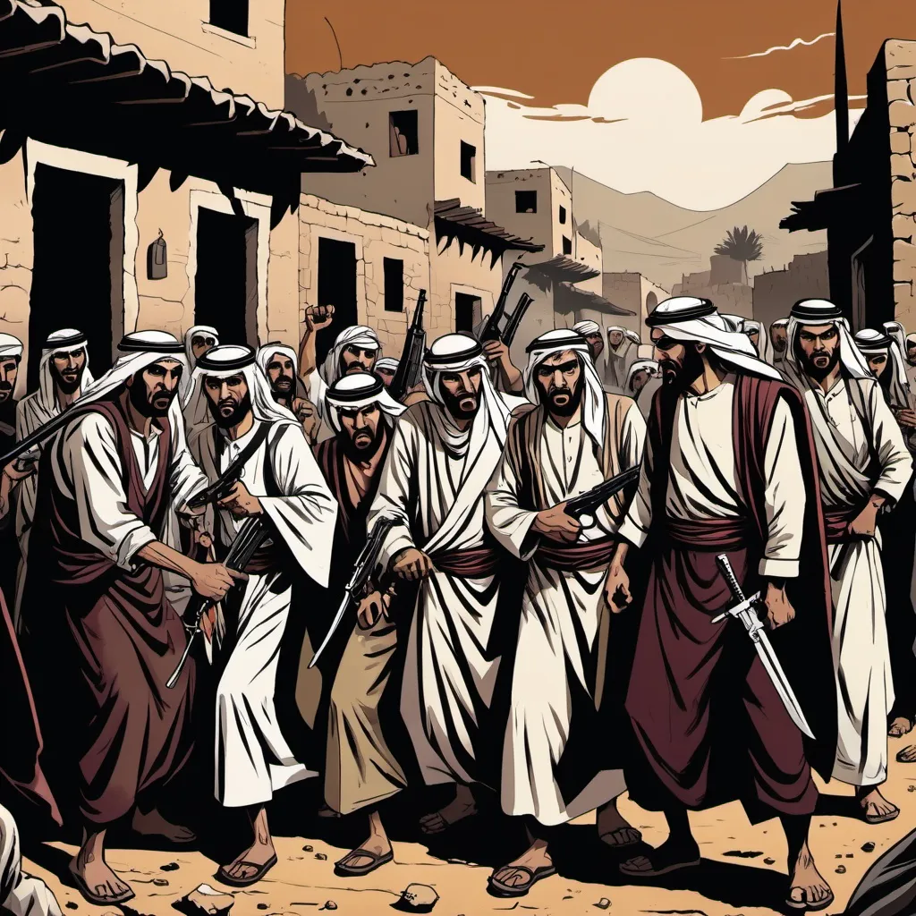 Prompt: angry mob of arabs with guns and knives, traditional village, detailed, dark colors, dramatic, graphic novel illustration,  2d shaded retro comic book