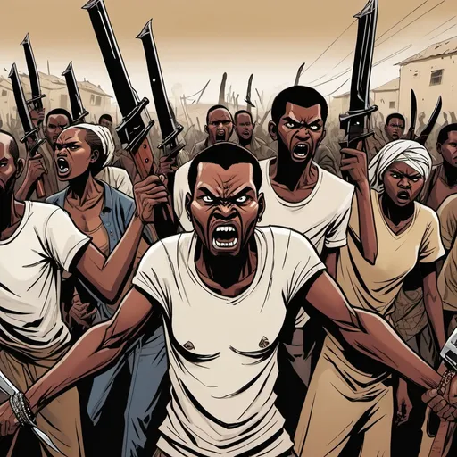 Prompt: angry mob of african men and women with knives and ak-47 guns, detailed, dramatic, graphic novel illustration