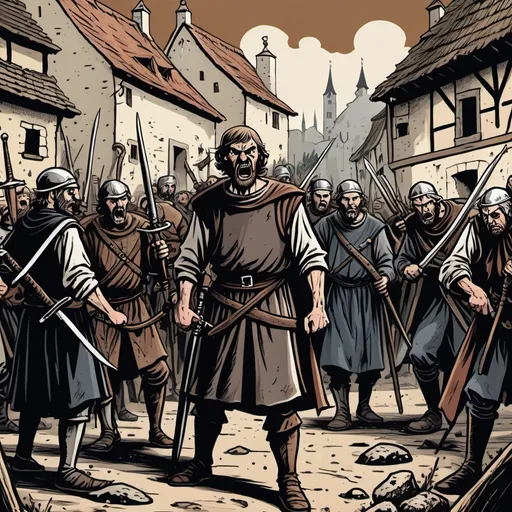 Prompt: angry mob of medieval
 europeans with guns and scimitars, traditional village, detailed, dark colors, dramatic, graphic novel illustration,  2d shaded retro comic book