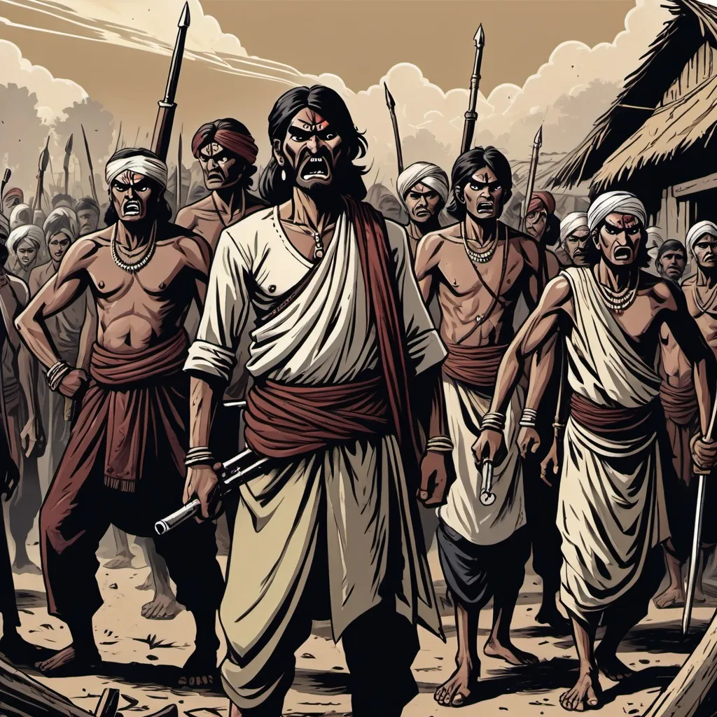 Prompt: angry mob of indians with guns and scimitars, traditional village, detailed, dark colors, dramatic, graphic novel illustration,  2d shaded retro comic book