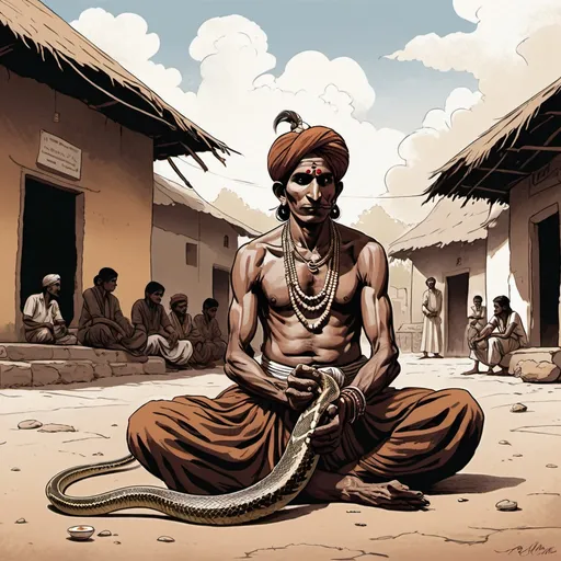 Prompt: indian snake charmer, village square, detailed, dramatic, graphic novel illustration