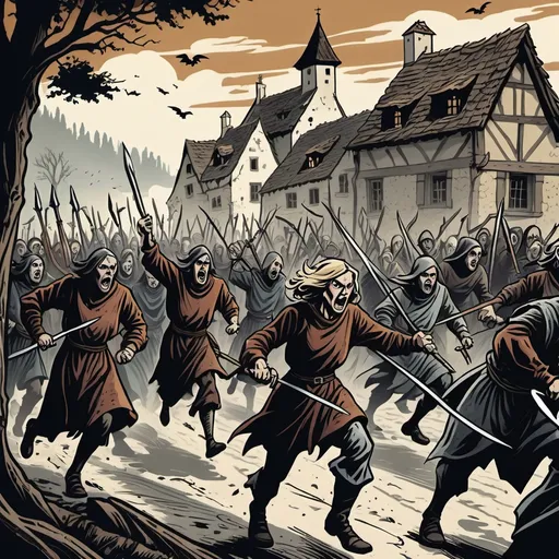 Prompt: angry mob of medieval
 europeans chasing a witch with swords and pitchforks, traditional village, detailed, dark colors, dramatic, graphic novel illustration,  2d shaded retro comic book