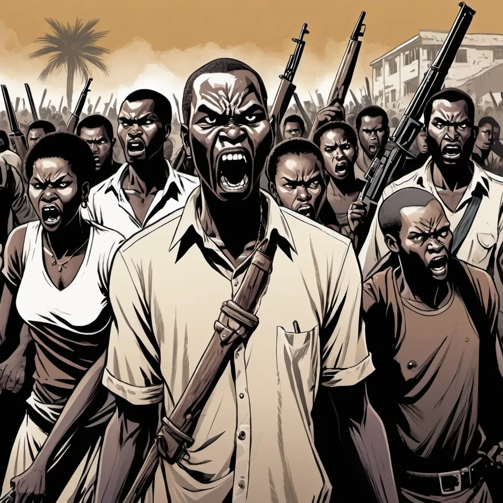 Prompt: angry mob of african men and women with knives and ak-47 guns, detailed, dramatic, graphic novel illustration