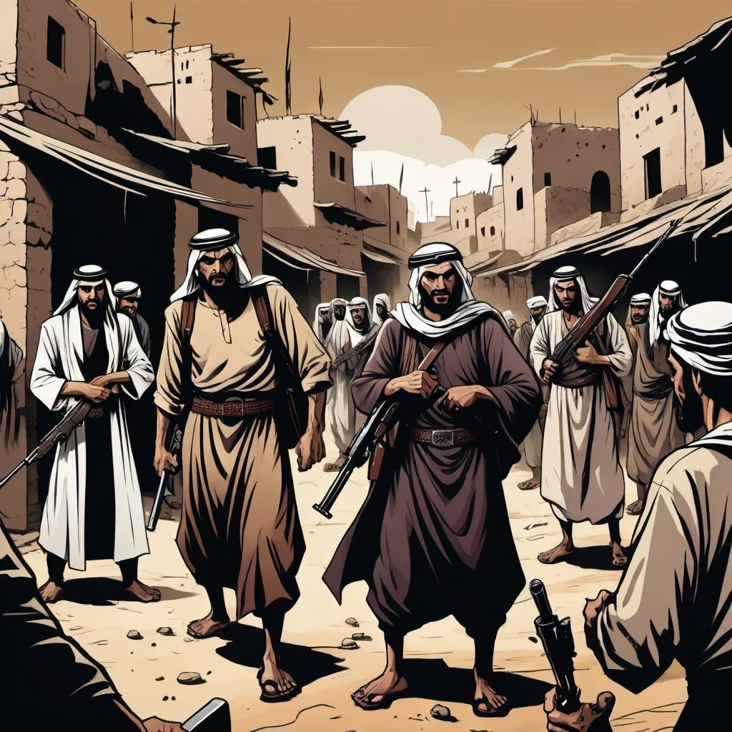 Prompt: angry mob of arabs with guns and knives, traditional village, detailed, dark colors, dramatic, graphic novel illustration,  2d shaded retro comic book