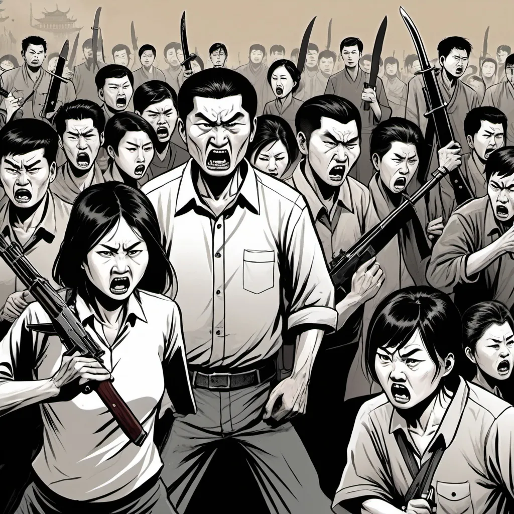 Prompt: angry mob of chinese men and women with knives and ak-47 guns, detailed, dramatic, graphic novel illustration