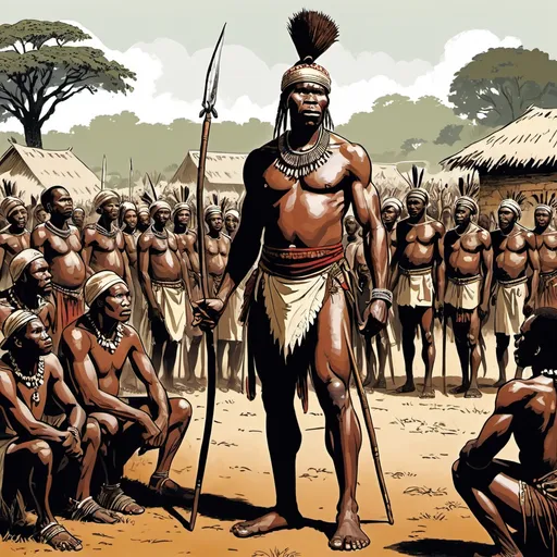 Prompt: zulu peasant meeting his chief, village square, detailed, dramatic, graphic novel illustration