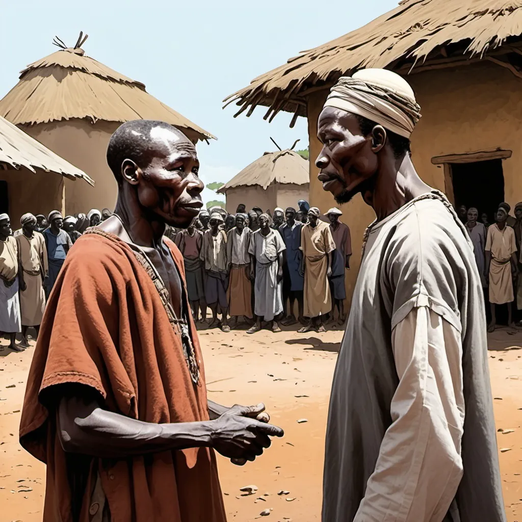 Prompt: African peasant meeting his chief, village square, detailed, dramatic, graphic novel illustration