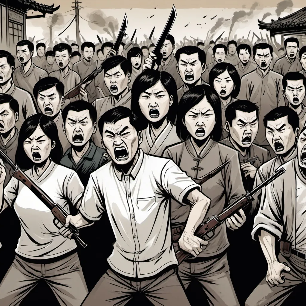 Prompt: angry mob of chinese men and women with knives and ak-47 guns, detailed, dramatic, graphic novel illustration