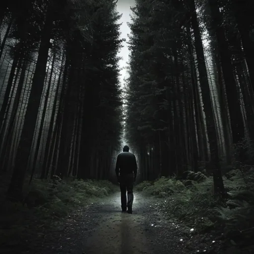 Prompt: Man walk in forest dark sky
Supply