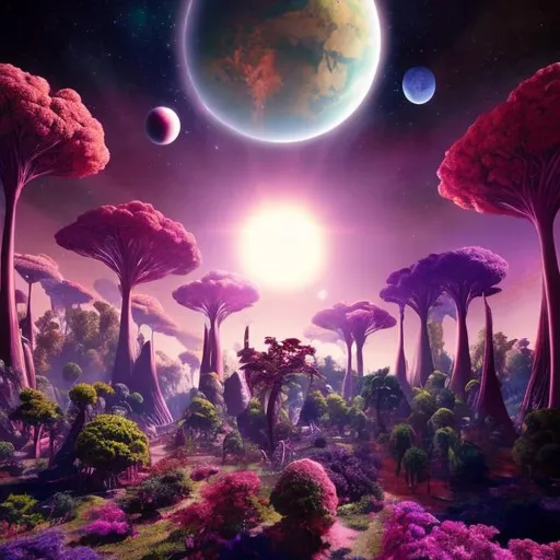 Prompt: a garden from another planet with pink and purple flowers on huge tall trees and the sky is red  and you can see planet earth