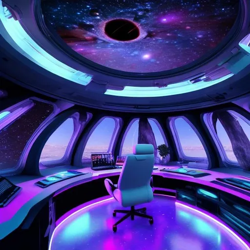 Prompt: office in space inside a spaceship the windows are huge and you can see Jupiter and the edge of a black hole, the atmosphere is cyberspace style, colors are purple, cyan, green, and there are also plans on board in glass containers futuristic appearence