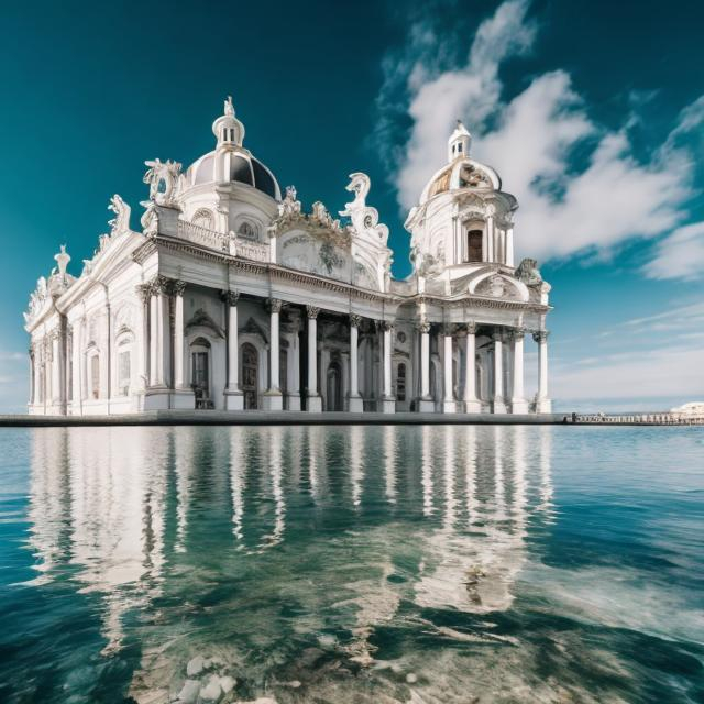 Prompt: white baroque architecture building in the distance at the shore of a deep blue sea