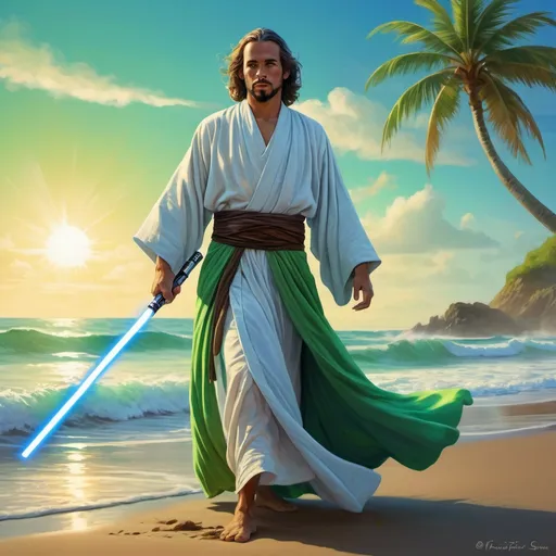 Prompt: Puerto Rican Jedi at the beach, digital art, vibrant colors, lightsaber in hand, flowing robes, serene expression, tropical setting, blue and green tones, warm sunlight, high quality, detailed, digital art, Jedi, beach scene, vibrant colors, flowing robes, serene expression