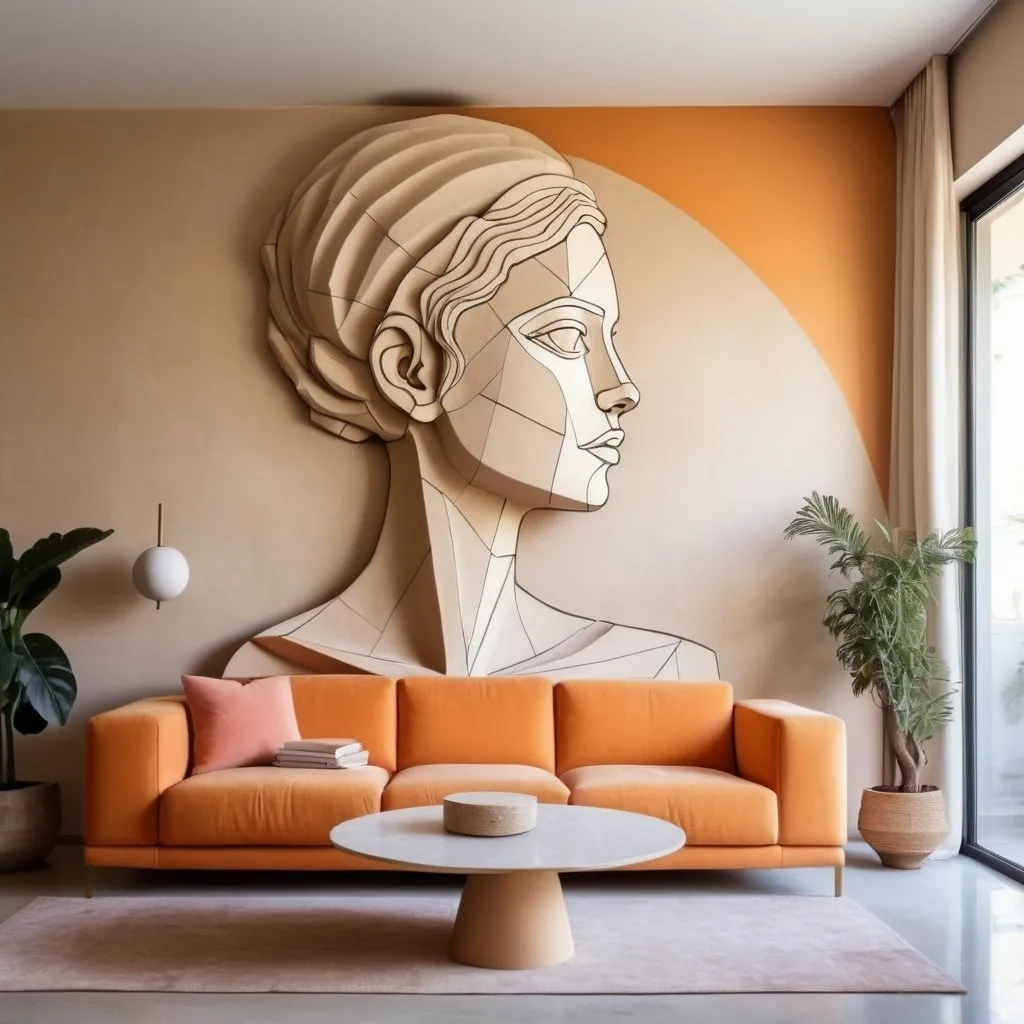 Prompt: imponent mural sculpture for minimalistic living room, feminine portrait, anatomy inspired from Greeks ancient sculpture but cutted and mixed on wall, the distance between the geometrys is arround 2 cm, the surfaces are very sandy colored with bright colors, the texture is sandy handmade, the sofa in the living room  is modern