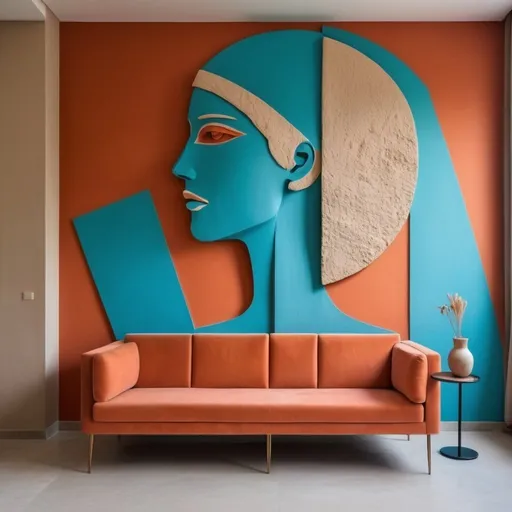 Prompt: imponent mural sculpture for minimalistic hotel hallway, feminine portrait, anatomy inspired from Greeks ancient sculpture but cutted and mixed on wall, the distance between the geometries is around 6 cm and you can see the background wall between, the surfaces are very sandy and colored with red-orange-blue-turquoise , the texture on sculpture but also on the wall is sandy handmade, the sofa in the living room is modern