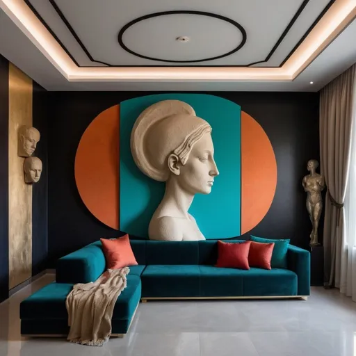 Prompt: imponent mural sculpture for minimalistic hotel hallway, feminine portrait, anatomy inspired from Greeks ancient sculpture but modelled and mixed on wall, the distance between the geometries are curved spatulated and are  around 6 cm and you can see the background wall between, the surfaces are very sandy and colored with red orange blue turquoise green , the texture on sculpture but also on the wall is sandy handmade, the sofa in the living room is modern and black-gold, the ceiling is high and dark
