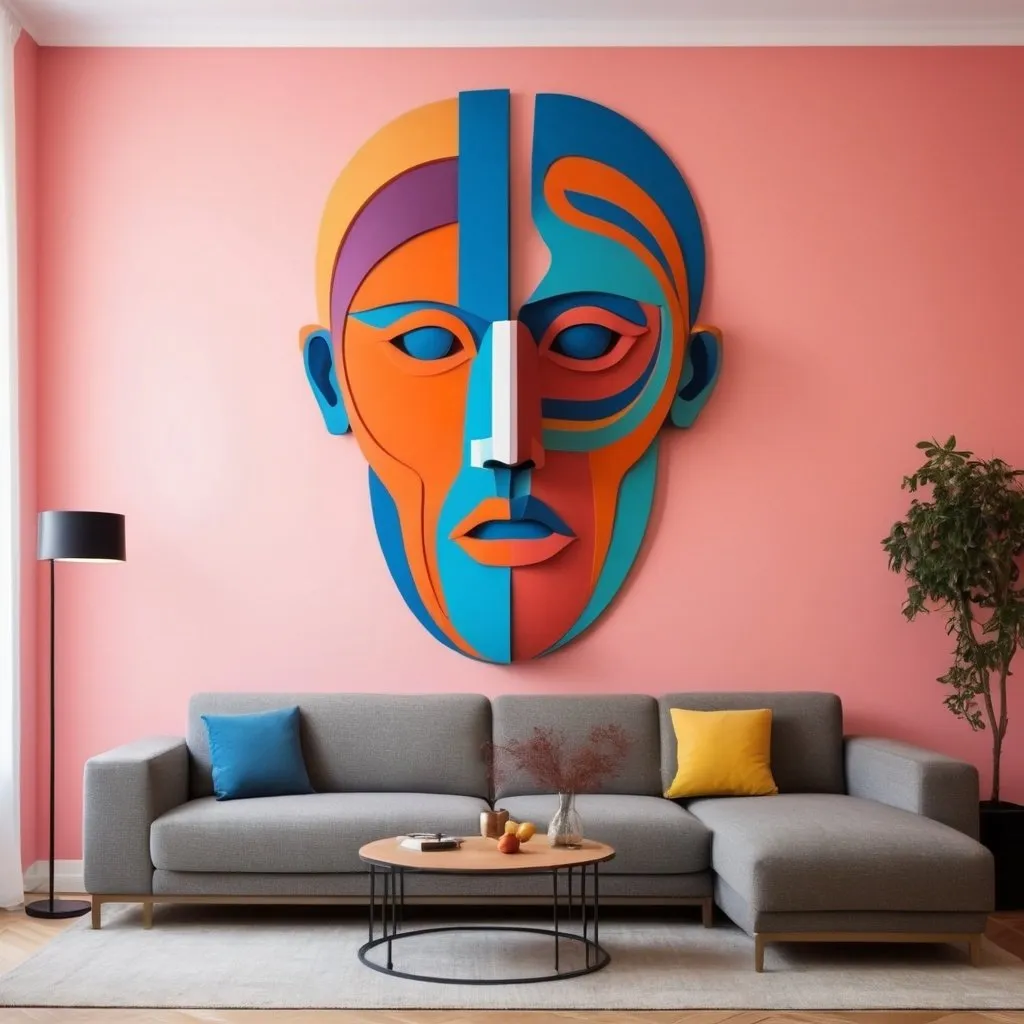 Prompt: imponent mural sculpture for minimalistic living room, anatomy inspired from Greeks ancient sculpture but cutted and mixed on wall, colored with bright colors