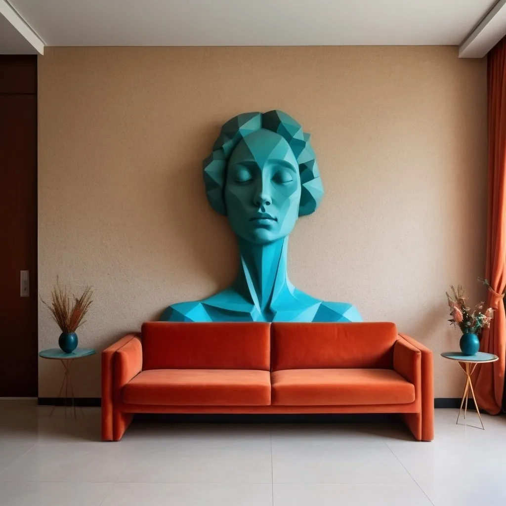 Prompt: imponent mural sculpture for minimalistic hotel hallway, feminine portrait, anatomy inspired from Greeks ancient sculpture but modelled and mixed on wall, the distance between the geometries is around 6 cm and you can see the background wall between, the surfaces are very sandy and colored with red orange blue turquoise green , the texture on sculpture but also on the wall is sandy handmade, the sofa in the living room is modern, the ceiling is high