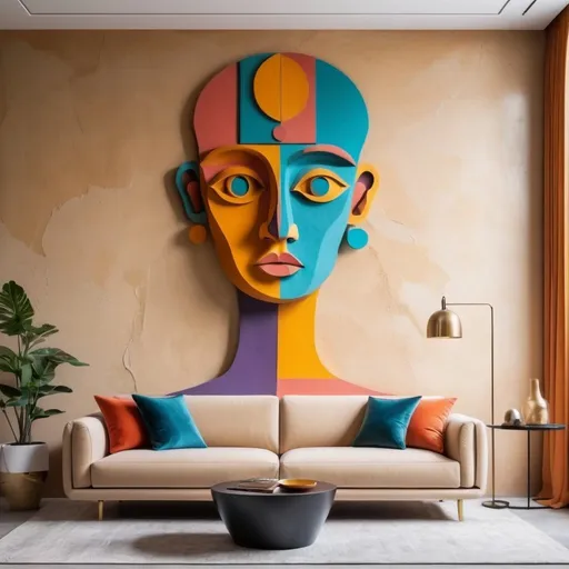 Prompt: imponent mural sculpture for minimalistic living room, anatomy inspired from Greeks ancient sculpture but cutted and mixed on wall, colored with bright colors, the texture is sandy handmade, the sofa in the living room  is modern
