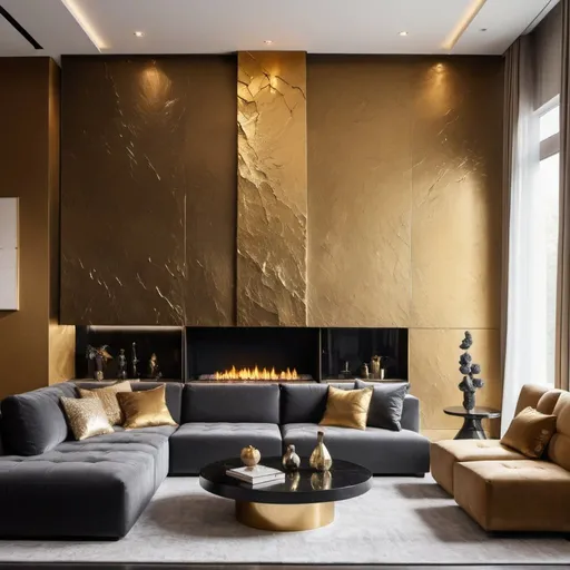 Prompt: Modern living room with mountain rock-inspired black and gold crack chimney, attractive interior design, LED lights, high quality, modern, luxury, detailed chimney, atmospheric lighting, golden cracks, stylish design, spacious, cozy atmosphere