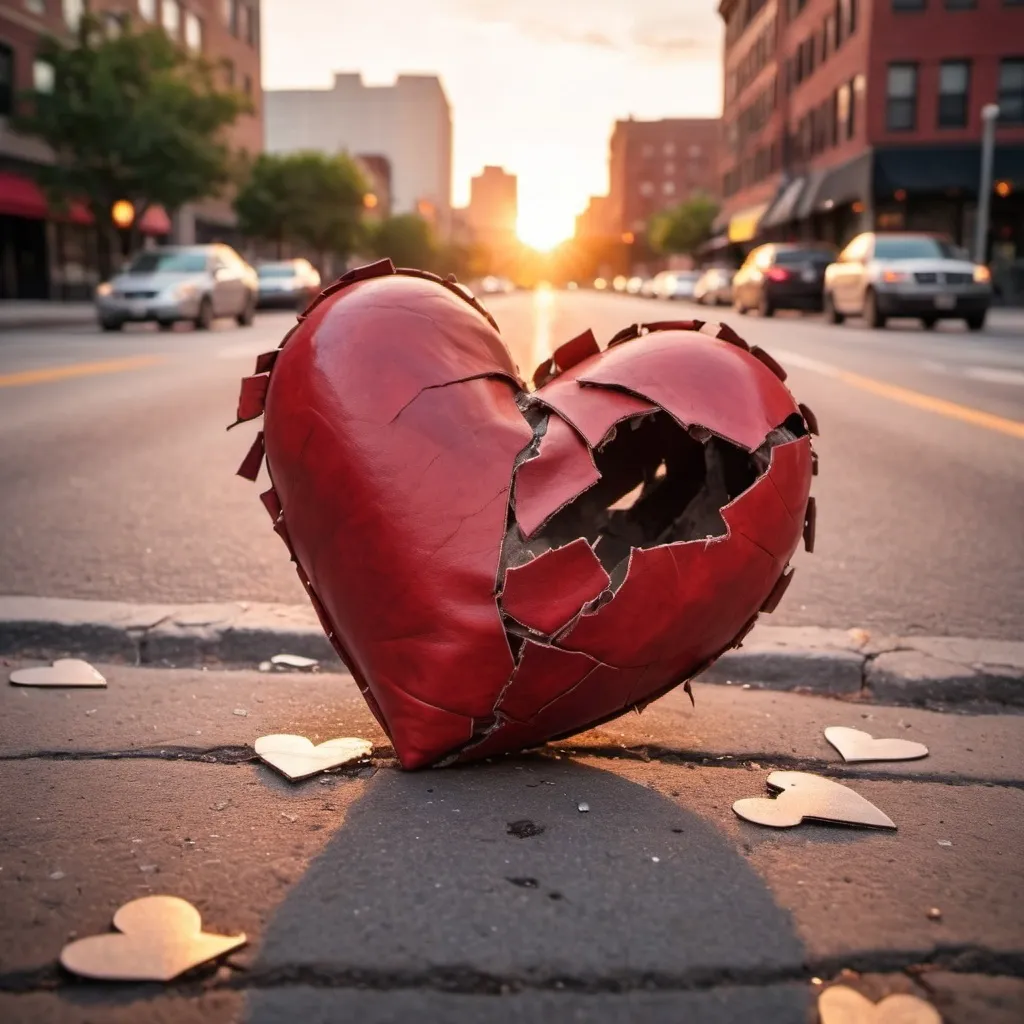 Prompt: tattered and torn red leather heart laying on the ground in the middle of a what looks like a downtown city street with a sunset in the background casting a glow on the heart like spotligh