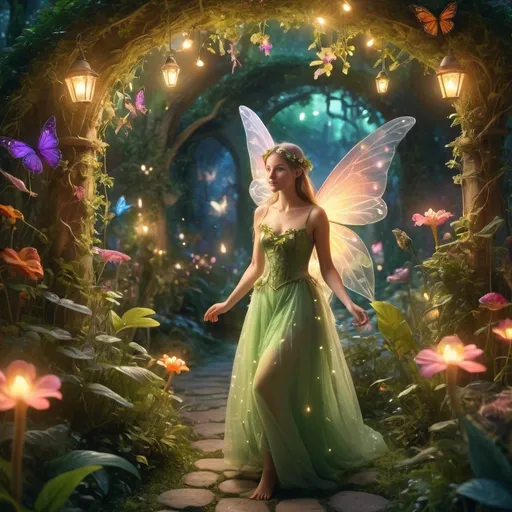 Prompt: show a beautiful figure of a fairy entering the enchanted garden with animals following her