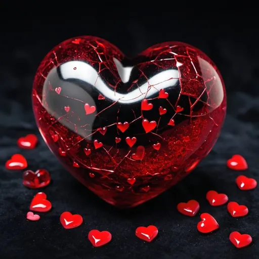 Prompt: red glass heart cracked with little hearts falling out on a dark black velvet  background 