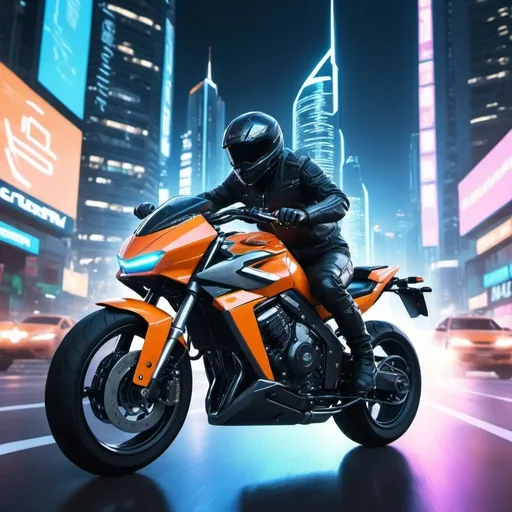 Prompt: A futuristic motorcycle chase through the city at night, with glowing trails and high-speed action amidst towering buildings and digital billboards.