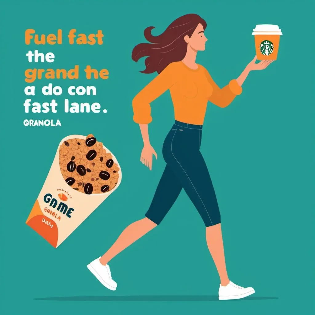 Prompt: Flat illustration a woman briskly walking in one hand they have a Dailyme Granola,in the other hand, a coffee.Tagline across the image: "Fuel for the Fast Lane: Dailyme Granola"