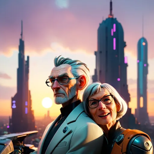 Prompt: an old man and old woman both with a glamorous cyberpunk style posing with a futuristic cityscape in the background in the sunset