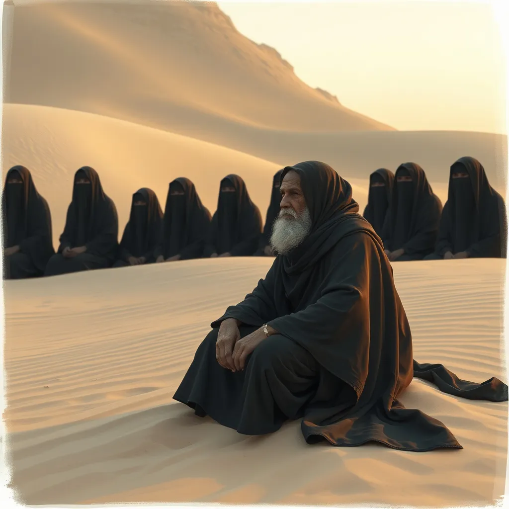 Prompt: Draw me a old man sitting in the desert with 11 women covered in Islamic blak clothing.