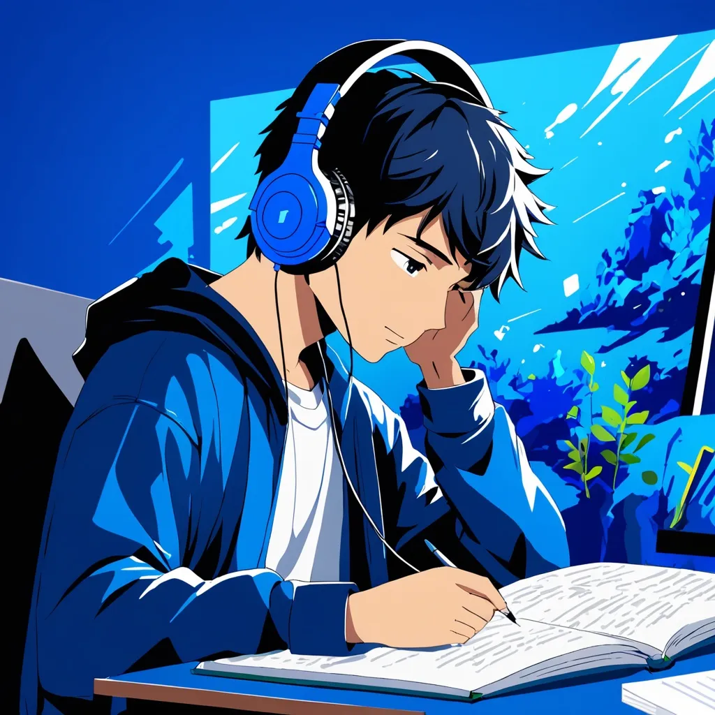 Prompt: A boy wearing headphone while study blue environment