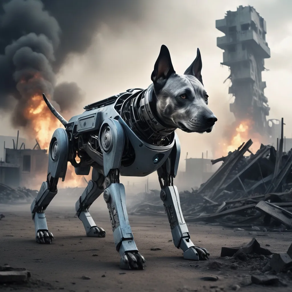 Prompt: (Robotic dog), walking confidently on a desolate battlefield, surrounded by (ruined structures) and (smoldering debris), dramatic (explosions) in the distance, atmospheric (smoke) rising from the ground, (cool tones) dominated by greys and muted blues, (cinematic scene), sense of (commanding resilience) and (vigilance), detailed textures showcasing the (metallic skin) of the dog, bright contrasts of (fire) and shadows, ultra-detailed.