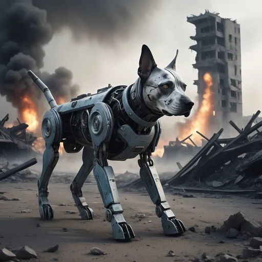 Prompt: (Robotic dog), walking confidently on a desolate battlefield, surrounded by (ruined structures) and (smoldering debris), dramatic (explosions) in the distance, atmospheric (smoke) rising from the ground, (cool tones) dominated by greys and muted blues, (cinematic scene), sense of (commanding resilience) and (vigilance), detailed textures showcasing the (metallic skin) of the dog, bright contrasts of (fire) and shadows, ultra-detailed.