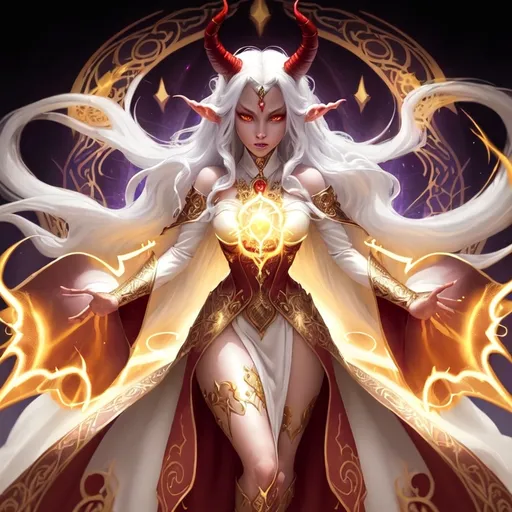 Prompt: (tiefling woman), elongated ears, red skin, wearing ornate robes, golden gem set on forehead, bright yellow eyes radiating energy, (powerful cleric), long white hair, mystical atmosphere, ethereal glow, intricate details, flowing robes adorned with symbols of faith, enchanted background with magical elements, (highly detailed), captivating expression, super vibrant color scheme, dramatic lighting, fantasy setting. she is wearing a sxy white dress, long leg and high heels