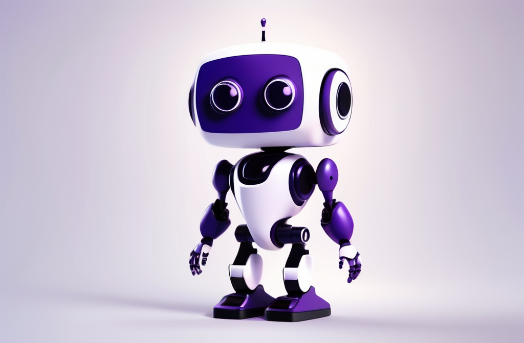 Prompt: 3D minimalist illustration of cute tiny futuristic robot, simple, elegant, deep dark purple and white tones