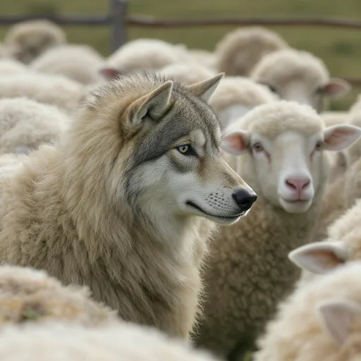Prompt:  expression, with its eyes looking at a group of sheep in front of it. The transformation should be seamless, where the wolf's head and facial features are distinct, but the body remains that of a sheep. The wolf is standing in a natural stance, with its attention focused on the other sheep around it, as if it's observing them from a distance."

