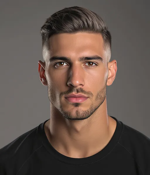 Prompt: Ultra realistic portrait photo of a european male athlete, 26 years old, 189cm tall vibe, athletic lean build, natural masculine face (not a fashion model), subtle Czech/Italian mediterranean vibe, brown eyes, dark brown hair with a clean modern barber haircut: high skin fade starting at 0 around the ears (zero fade), very short sides, sharp fade transition, longer textured top combed